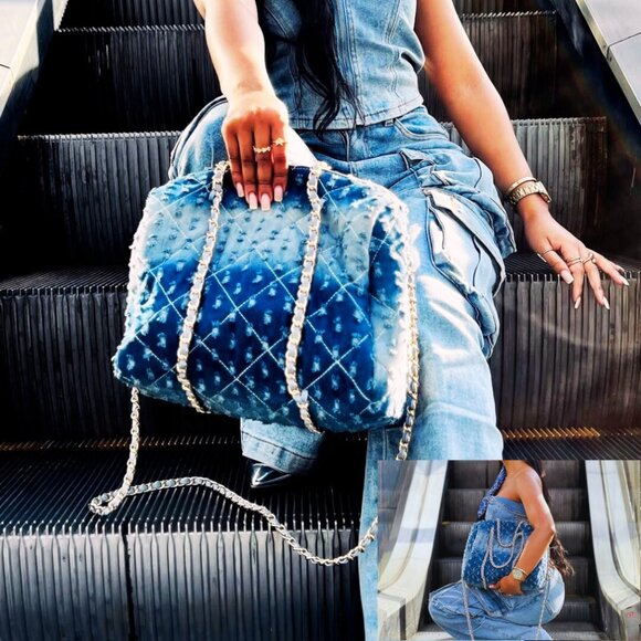 NWOT Olivia Miller Distressed Denim Quilted Satchel Bag ๐โจ Y2K Bowling Style - Picture 2 of 5
